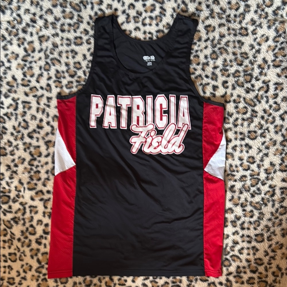 Vintage Patricia Field black, red, and white namesake logo, mesh tank top
